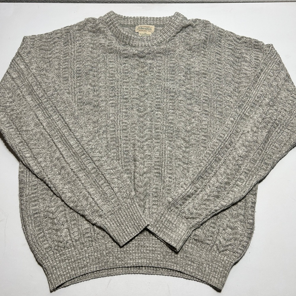 Vintage St Johns Bay Mens Large Grey Cable Knit Crewneck Sweater Cotton Blend